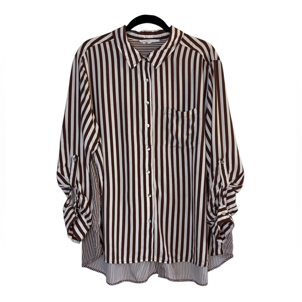Jane and Delancey Brown and White Striped Button-Down Shirt